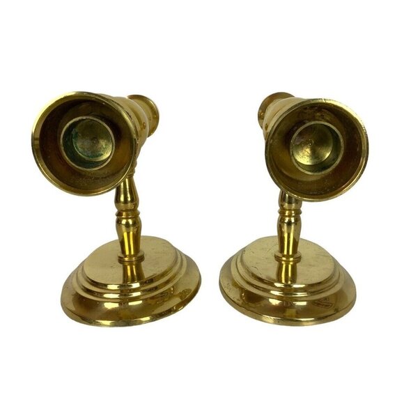 Solid Shiny Brass Sconces Candleholders Pair Wall Mount Gold Made in India Vtg - Picture 3 of 7